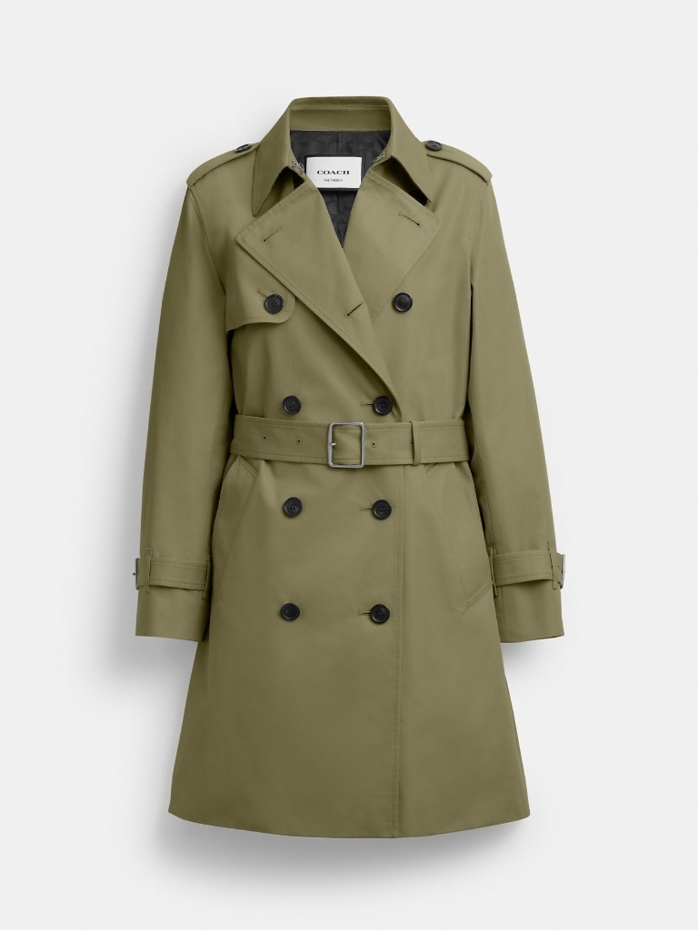Coach Mid Trench raincoat jacket; olive green; lined & belted